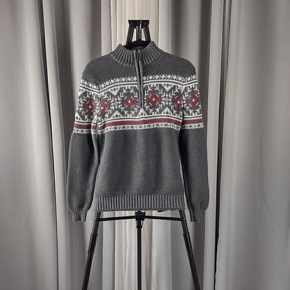 Izod Mens 1/4 Zip Gray Ski Lodge Fair Isle Nordic Design Pullover Sweater Size S - Picture 1 of 12